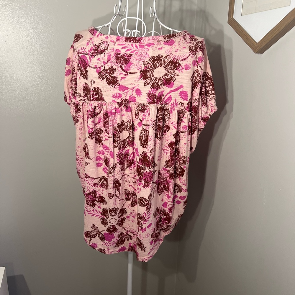 Anthropologie Pilcro Ruched Henley Tee S Pink Floral Print 100% Cotton Boho Top - Picture 6 of 6